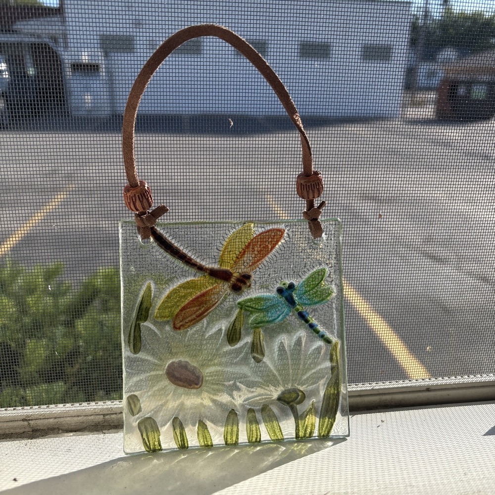 Glass SunCatcher Hand Painted Fused Sunflower Glass Dragonflies Leather Hanger